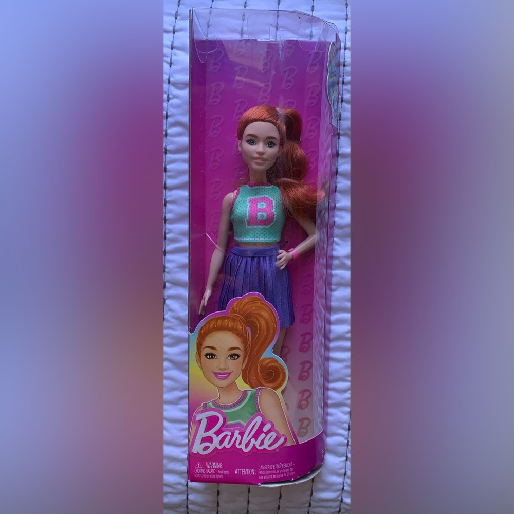 NIB Barbie Fashionistas Doll #232 with Red Hair, Wearing Sporty “B” Purple Skirt - Picture 2 of 5